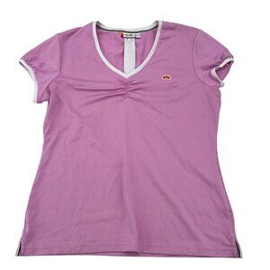 Ellesse Women's Pink V-Neck Short Sleeve Shirt Size Large Stretch Fit